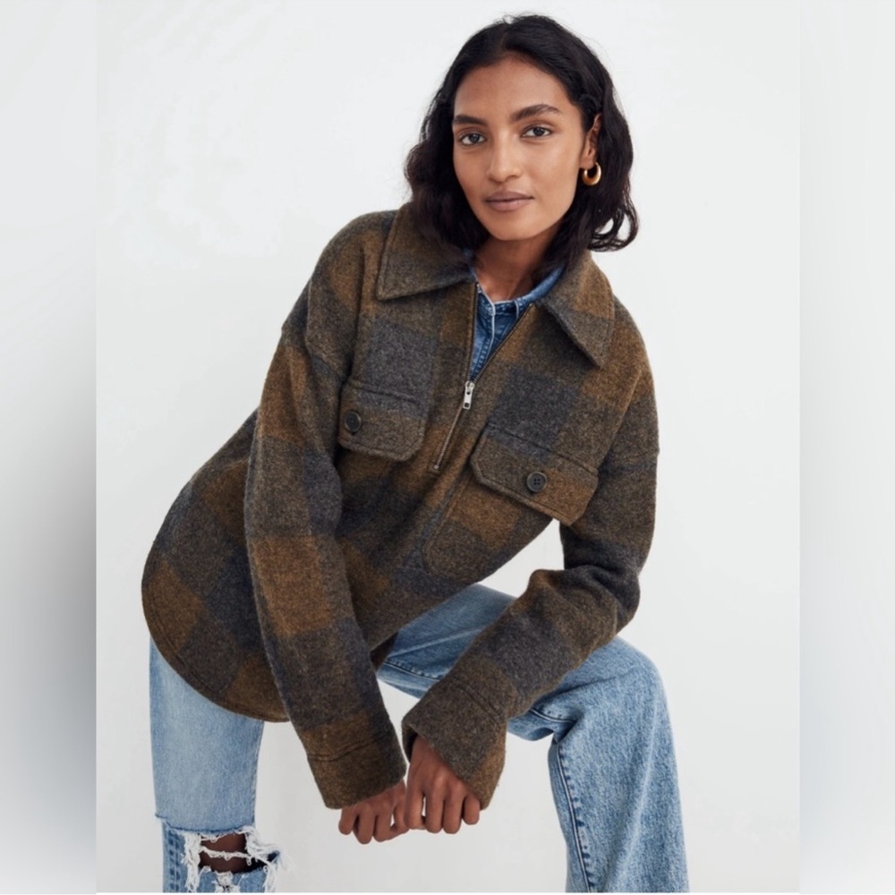 Madewell Boiled Wool Half-Zip Popover Sweater in Buffalo Check